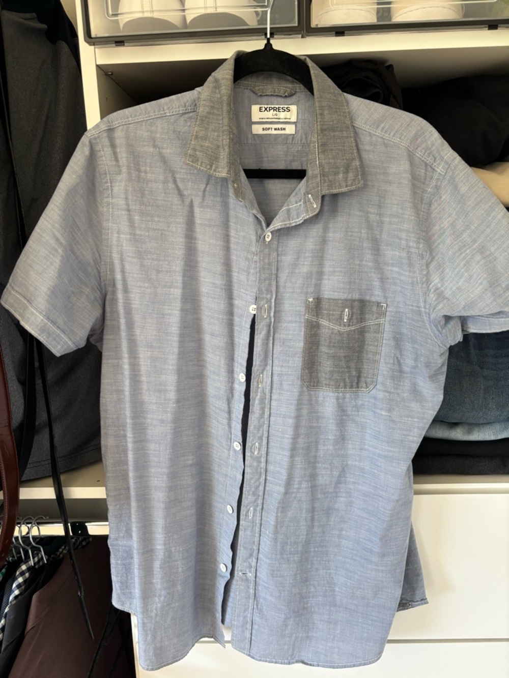 Express Light Blue Short-Sleeve Button Down Shirt with Contrast Collar
